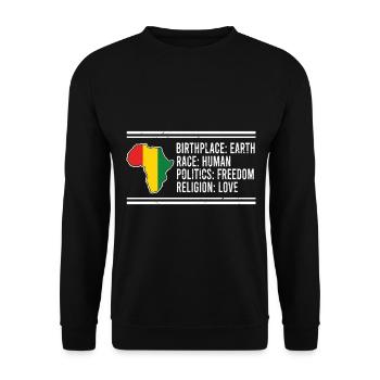 Birthplace: Earth Race: Human Politics: freedom Rel - Unisex Sweatshirt - black - Front - Alina (178cm) & Michal (187cm)