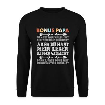 Geschenkidee für Bonuspapa Ziehpapa Stiefpapa - Unisex Pullover - Schwarz - Vorne - Alina (178cm) & Michal (187cm)