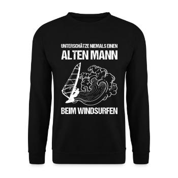 Unterschätze niemals einen alten Mann Windsurfen - Unisex Pullover - Schwarz - Vorne - Alina (178cm) & Michal (187cm)