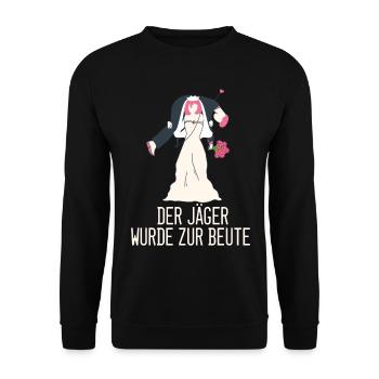 Der Jäger wurde zur Beute JGA Junggesellenabschied - Unisex Pullover - Schwarz - Vorne - Alina (178cm) & Michal (187cm)