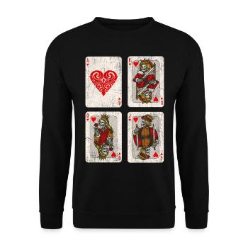 Verblasster Tag der Toten Spielkarten Skelett - Unisex Pullover - Schwarz - Vorne - Alina (178cm) & Michal (187cm)