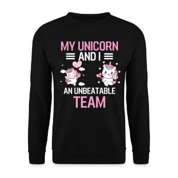 Mein Einhorn und ich ein unschlagbares Team Tier - Unisex Pullover - Schwarz - Vorne - Alina (178cm) & Michal (187cm)