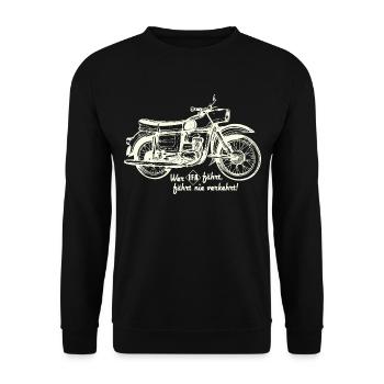 DDR Oldtimer Motorrad - emz Trophy IFA - Unisex Pullover - Schwarz - Vorne - Alina (178cm) & Michal (187cm)