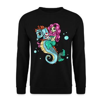 Skelett Meerjungfrau Seepferdchen Sugar Skull - Unisex Pullover - Schwarz - Vorne - Alina (178cm) & Michal (187cm)