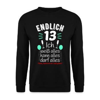 Endlich 13 Geburtstag Geschenk Jahrgang 2007 - Unisex Pullover - Schwarz - Vorne - Alina (178cm) & Michal (187cm)