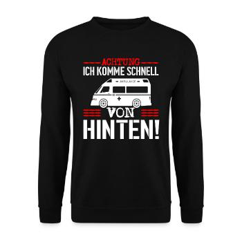 Achtung Sanitäter Rettungswagen Notarzt - Unisex Pullover - Schwarz - Vorne - Alina (178cm) & Michal (187cm)