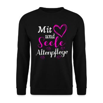 Mit Herz und Seele Altenpflege Pflegerin Geschenk - Unisex Pullover - Schwarz - Vorne - Alina (178cm) & Michal (187cm)