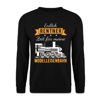 Endlich Rentner Modelleisenbahn Modellbau Geschenk - Unisex Pullover - Schwarz - Vorne - Alina (178cm) & Michal (187cm)