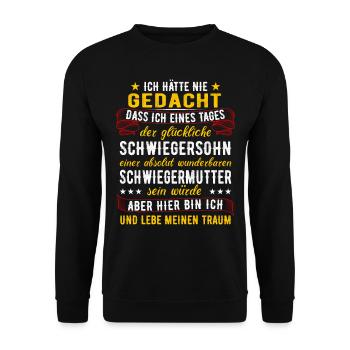 Schwiegersohn Geschenk Schwiegermutter Spruch - Unisex Pullover - Schwarz - Vorne - Alina (178cm) & Michal (187cm)