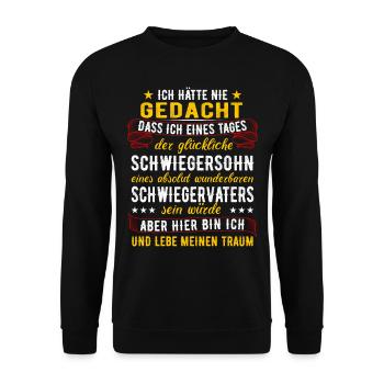 Schwiegersohn Geschenk Schwiegervater Spruch - Unisex Pullover - Schwarz - Vorne - Alina (178cm) & Michal (187cm)