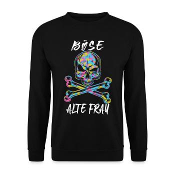 Böse Alte Frau Ironie Camouflage Totenkopf Bikerin - Unisex Pullover - Schwarz - Vorne - Alina (178cm) & Michal (187cm)
