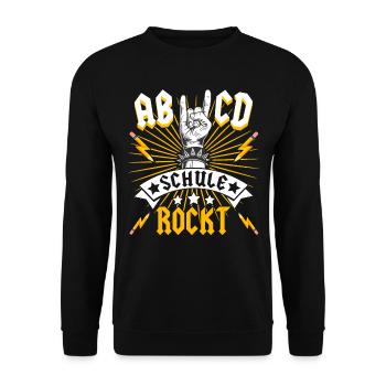 ABCD Schulkind Rockmusik Gitarre Einschulung - Unisex Pullover - Schwarz - Vorne - Alina (178cm) & Michal (187cm)