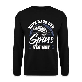 Rute Raus Der Spaß Beginnt Angler - Unisex Pullover - Schwarz - Vorne - Alina (178cm) & Michal (187cm)