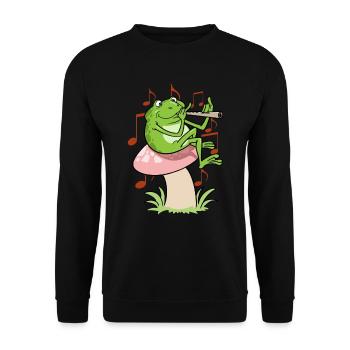 Cottagecore Fairycore Frosch Mit Flöte - Unisex Pullover - Schwarz - Vorne - Alina (178cm) & Michal (187cm)