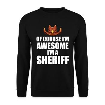 Sheriff mit Hut Sheriffstern und Revolver - Unisex Pullover - Schwarz - Vorne - Alina (178cm) & Michal (187cm)