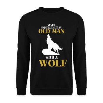 Wolf mit alter Mann Vollmond Wolfsrudel - Unisex Pullover - Schwarz - Vorne - Alina (178cm) & Michal (187cm)