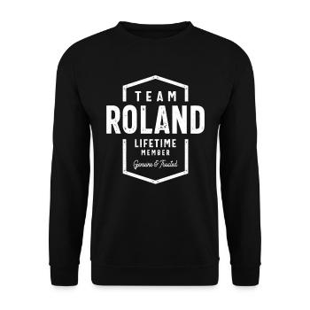 Team Roland Lifetime Member Personalisierter Name - Unisex Pullover - Schwarz - Vorne - Alina (178cm) & Michal (187cm)