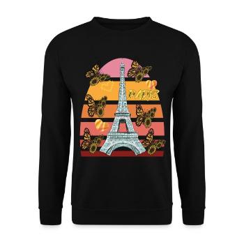 Eiffelturm-Retro Schmetterlings-Paris-Herzen Frank - Unisex Pullover - Schwarz - Vorne - Alina (178cm) & Michal (187cm)