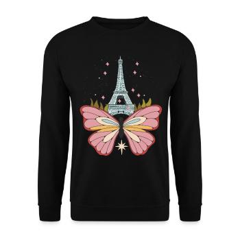 Schmetterlings-Eiffelturm-Himmel-Sterne Ich liebe - Unisex Pullover - Schwarz - Vorne - Alina (178cm) & Michal (187cm)