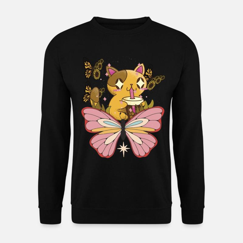 Katze mit Schmetterlings-Sonnenblume-nette Katzen- - Unisex Pullover - Schwarz