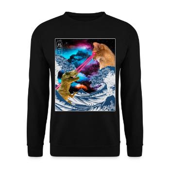 Japan Comic Great Wave Cat Vs Dinoaur T-Rex Otaku - Unisex Pullover - Schwarz - Vorne - Alina (178cm) & Michal (187cm)
