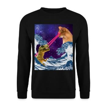 Japan Comic Great Wave Cat Vs Dinoaur T-Rex Otaku - Unisex Pullover - Schwarz - Vorne - Alina (178cm) & Michal (187cm)