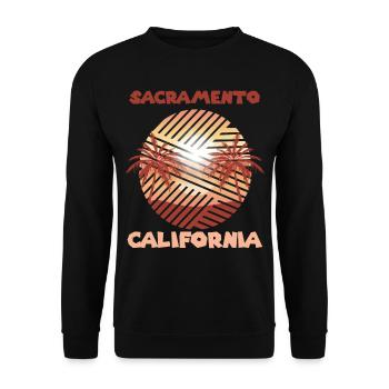 Retro Sacramento Kalifornien Palmen Surfen im Meer - Unisex Pullover - Schwarz - Vorne - Alina (178cm) & Michal (187cm)