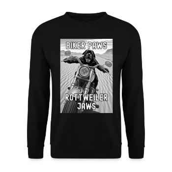 Rottweiler-Hund fährt Motorrad in der Wüste - Unisex Pullover - Schwarz - Vorne - Alina (178cm) & Michal (187cm)