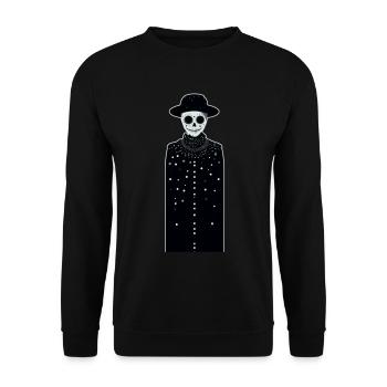 A smiling white skeleton wearing a hat and long - Unisex Sweatshirt - black - Front - Alina (178cm) & Michal (187cm)