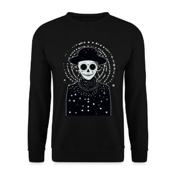 Ein lächelndes weißes Skelett mit Hut und Mantel - Unisex Pullover - Schwarz - Vorne - Alina (178cm) & Michal (187cm)