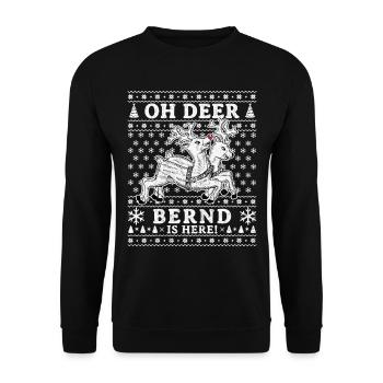 Oh Deer - Bernd is here Ugly Weihnachten - Unisex Pullover - Schwarz - Vorne - Alina (178cm) & Michal (187cm)