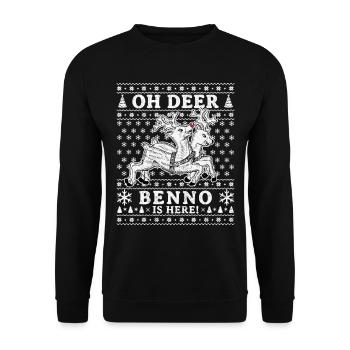 Oh Deer - Benno is here Ugly Weihnachten - Unisex Pullover - Schwarz - Vorne - Alina (178cm) & Michal (187cm)