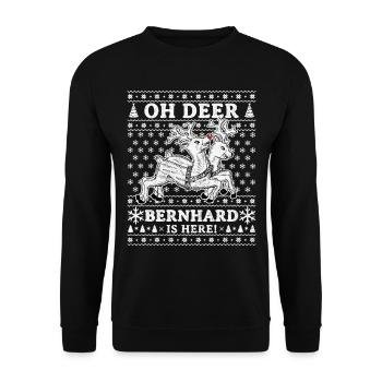 Oh Deer - Bernhard is here Ugly Weihnachten - Unisex Pullover - Schwarz - Vorne - Alina (178cm) & Michal (187cm)