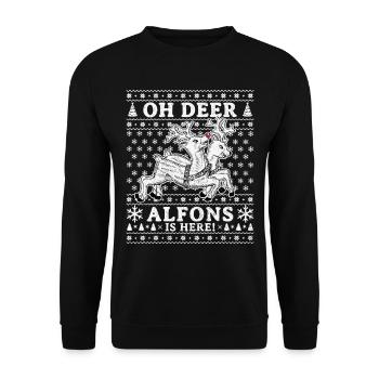Oh Deer - Alfons is here Ugly Weihnachten - Unisex Pullover - Schwarz - Vorne - Alina (178cm) & Michal (187cm)
