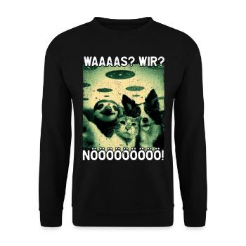 Waaaas? Wir? Nööööö! Alien Katze Hund Faultier UFO - Unisex Pullover - Schwarz - Vorne - Alina (178cm) & Michal (187cm)