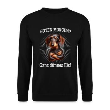 Guten Morgen? Ganz dünnes Eis! - Dackel - Unisex Pullover - Schwarz - Vorne - Alina (178cm) & Michal (187cm)