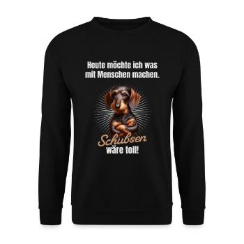 Was mit Menschen machen, schubsen wäre toll - Unisex Pullover - Schwarz - Vorne - Alina (178cm) & Michal (187cm)