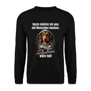 Was mit Menschen machen, schubsen wäre toll - Unisex Pullover - Schwarz - Vorne - Alina (178cm) & Michal (187cm)