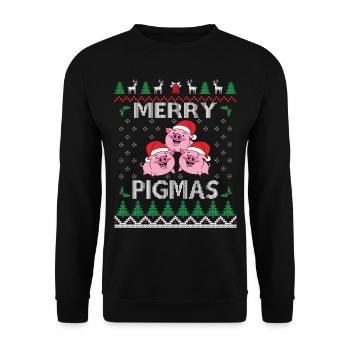 Merry Pigmas Fröhliche Schweine Weihnachten - Unisex Pullover - Schwarz - Vorne - Alina (178cm) & Michal (187cm)