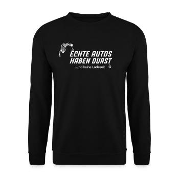 Echte Autos haben Durst Motorschau Benzin PS - Unisex Pullover - Schwarz - Vorne - Alina (178cm) & Michal (187cm)