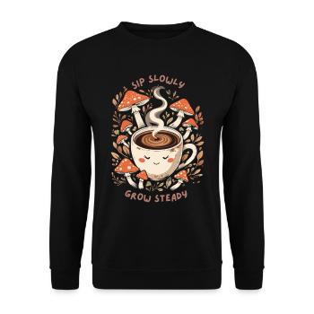 Kaffee - Pilze Spruch - Unisex Pullover - Schwarz - Vorne - Alina (178cm) & Michal (187cm)