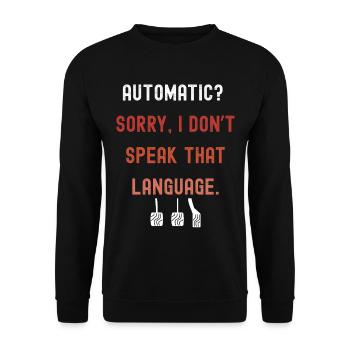Manual Gang Schaltung Design für echte Autofans - Unisex Pullover - Schwarz - Vorne - Alina (178cm) & Michal (187cm)