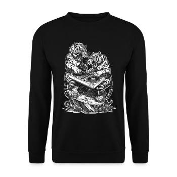 Streetwear Shirt: Tiger DJ Power für Musikfans - Unisex Pullover - Schwarz - Vorne - Alina (178cm) & Michal (187cm)