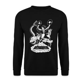 Open-Air Shirt: Geisha mit Vinyls am DJ-Pult - Unisex Pullover - Schwarz - Vorne - Alina (178cm) & Michal (187cm)