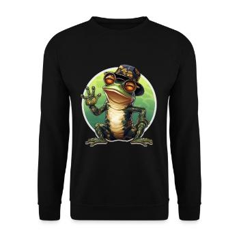 Happy cool frog with glasses and hat waving - Unisex Sweatshirt - black - Front - Alina (178cm) & Michal (187cm)