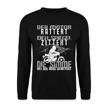 Der Motor Rattert - lustige ddr Moped Sprüche - Unisex Pullover - Schwarz - Vorne - Alina (178cm) & Michal (187cm)