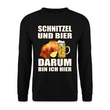 Schnitzel und Bier darum bin ich hier - Unisex Pullover - Schwarz - Vorne - Alina (178cm) & Michal (187cm)