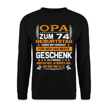 Opa 74. Geburtstag lustiges Bier Spruch - Unisex Pullover - Schwarz - Vorne - Alina (178cm) & Michal (187cm)