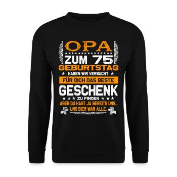 Opa 75. Geburtstag lustiges Bier Spruch - Unisex Pullover - Schwarz - Vorne - Alina (178cm) & Michal (187cm)