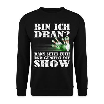 "Bin ich dran?" Kegelspieler Kegler - Unisex Pullover - Schwarz - Vorne - Alina (178cm) & Michal (187cm)
